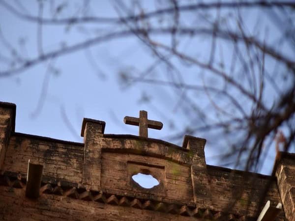 A cross is pictured at the cathedral of Our Lady of Kaya in the city of Kaya
