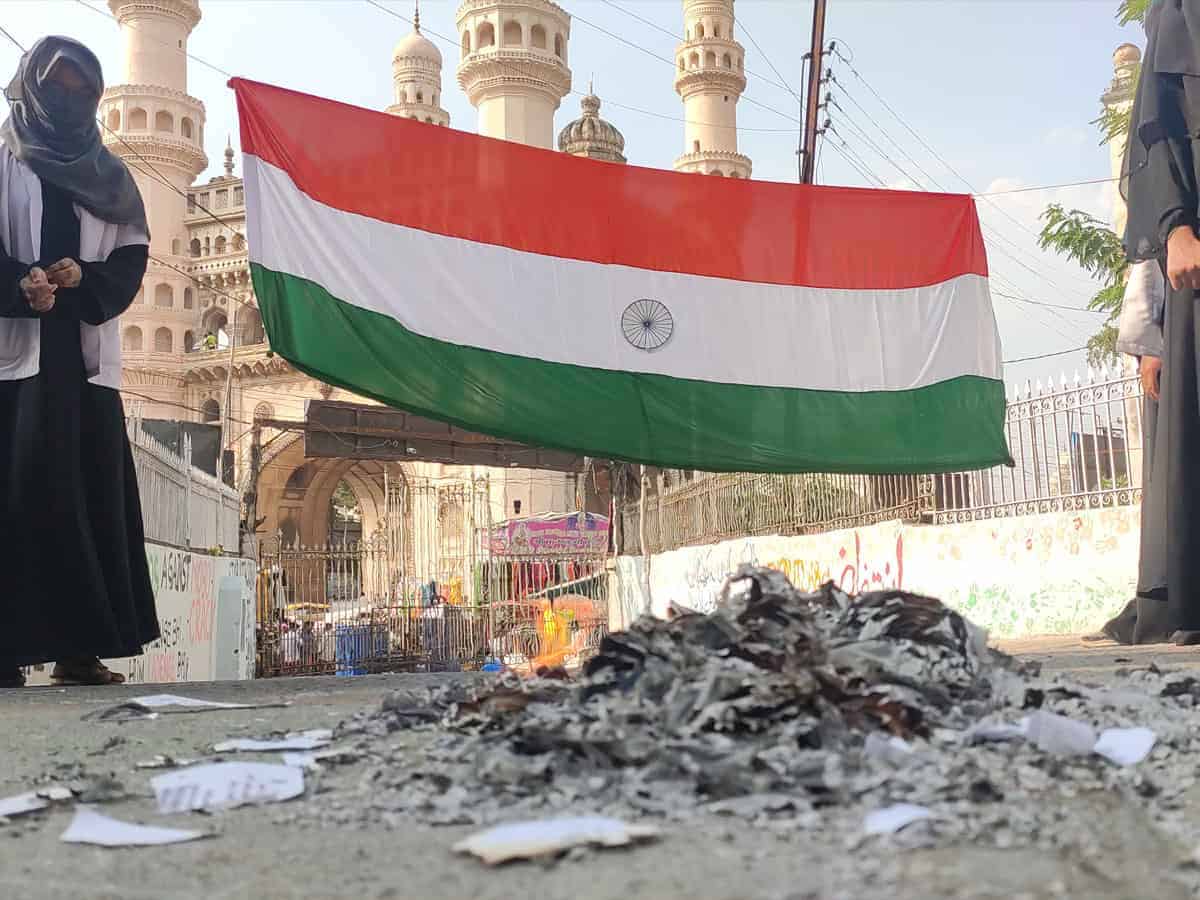 Old City Tibbi College students tear copy of CAA bill in protest
