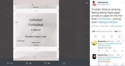 Priyanka Chopra tweets to confirm her memoir is ready in print (Lead)