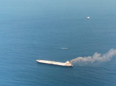 Oil sheen seen at the back of stricken VLCC New Diamond