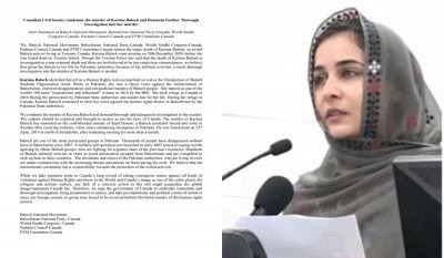 Fair probe urged into Karima Baloch's murder in Canada, Pak role suspected