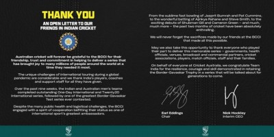 In a rare gesture, Cricket Australia says 'forever grateful' to BCCI