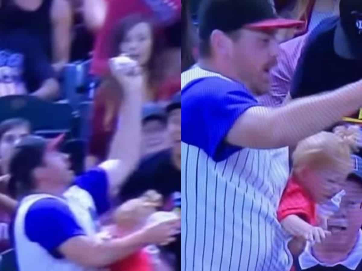 Just dad things! Man juggles baseball, baby and beer in game