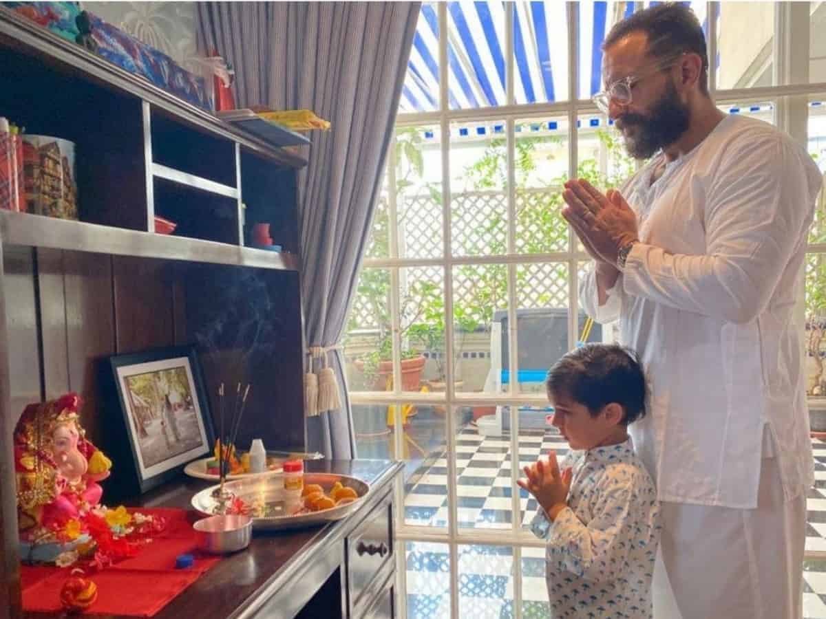 [Photo] Saif Ali Khan, Taimur Ali Khan perform Ganesh puja