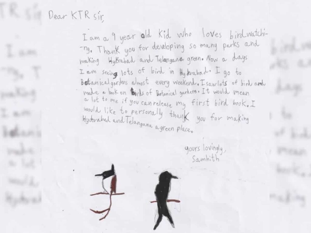 Samhith's hand-written letter to the minister KT Rama Rao
